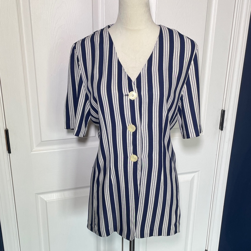 Vintage Norton McNaughton Navy & White Vertical Striped Button Short Sleeve Top